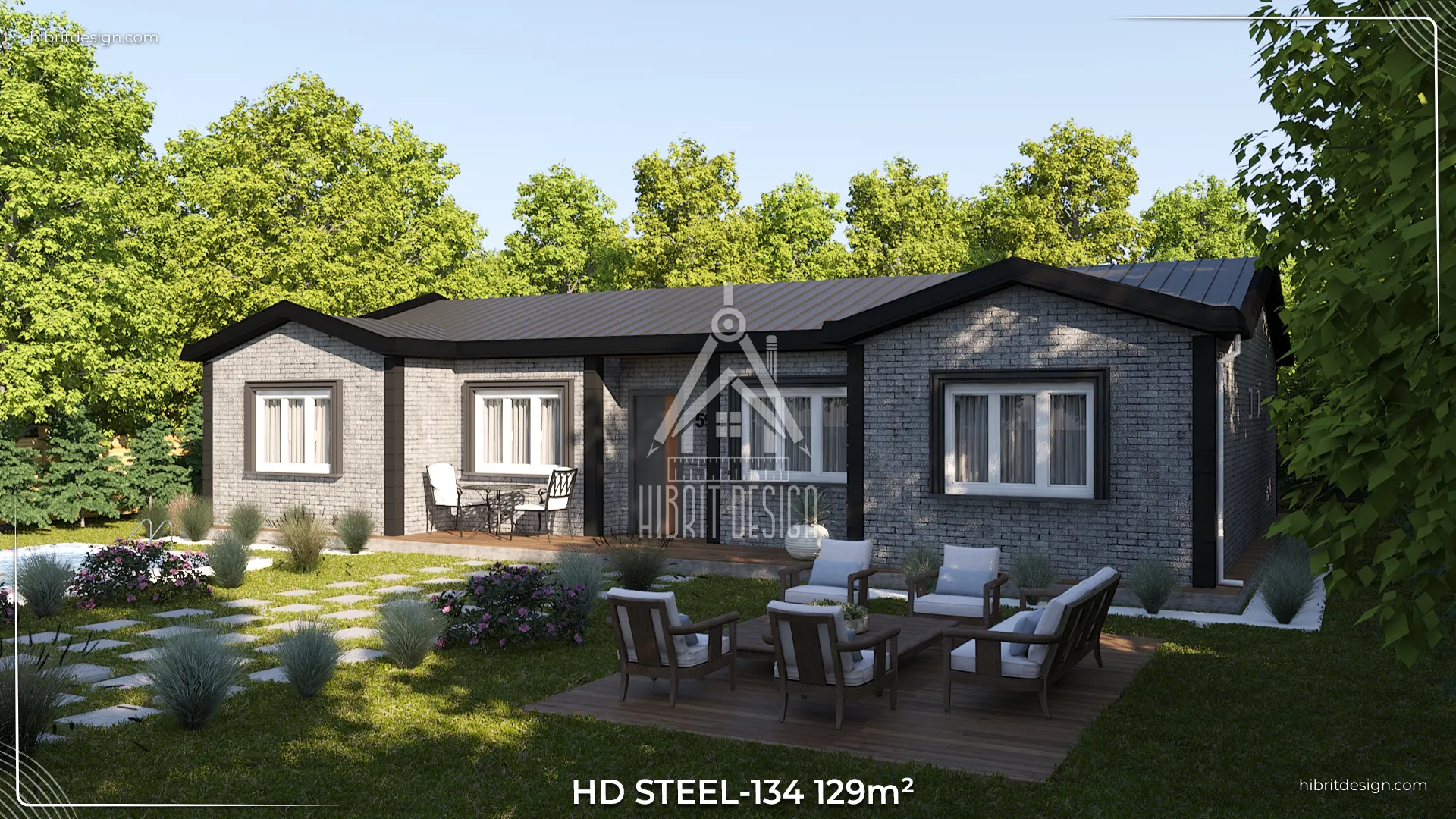 HD Steel 134 modeli, 129 m², 4+1 ve 3 banyolu çelik evin arka cephe ve bahçe mobilyalarıyla dekore edilmiş dış mekan görüntüsü.
