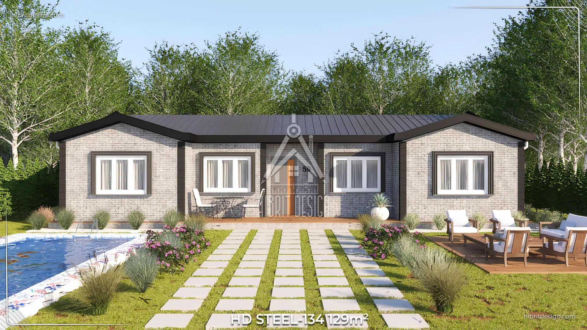 HD Steel 134 modeli, 129 m², 4+1 ve 3 banyolu tek katlı çelik evin ön cephe görüntüsü, geniş bahçe ve taş döşeli yürüyüş yolu ile birlikte.
