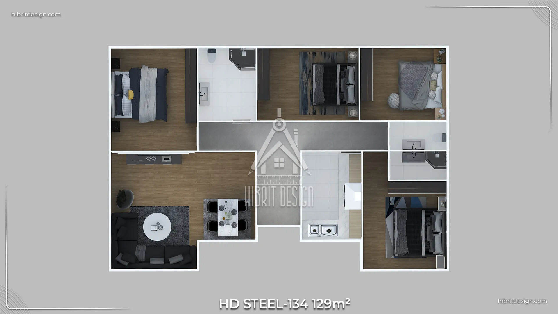 HD Steel 134 modeli, 129 m², 4+1 ve 3 banyolu tek katlı çelik evin iç plan ve oda dağılımını gösteren 2D kat planı.