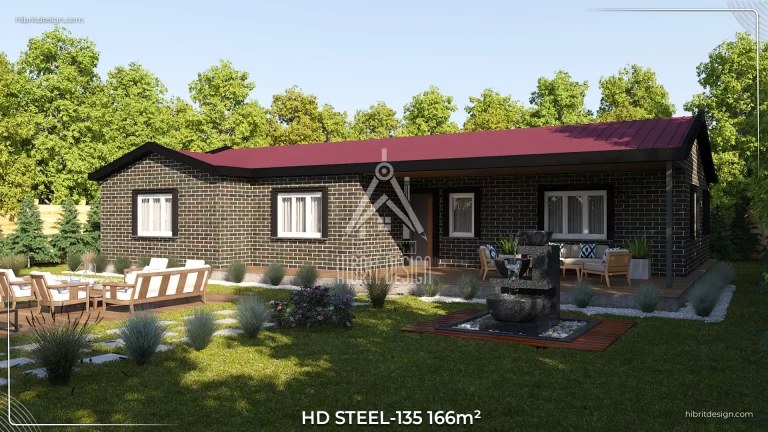 Havuz kenarı teraslı HDS-135 4+1 çelik ev, geniş oturma alanı ve modern tasarım