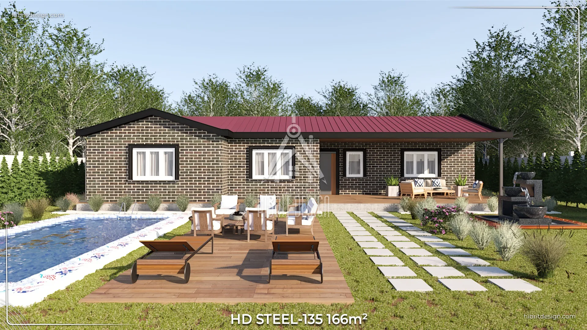 HDS-135 model 166 m² 4+1 çelik ev, geniş bahçeli ve havuz kenarında modern dış cephe