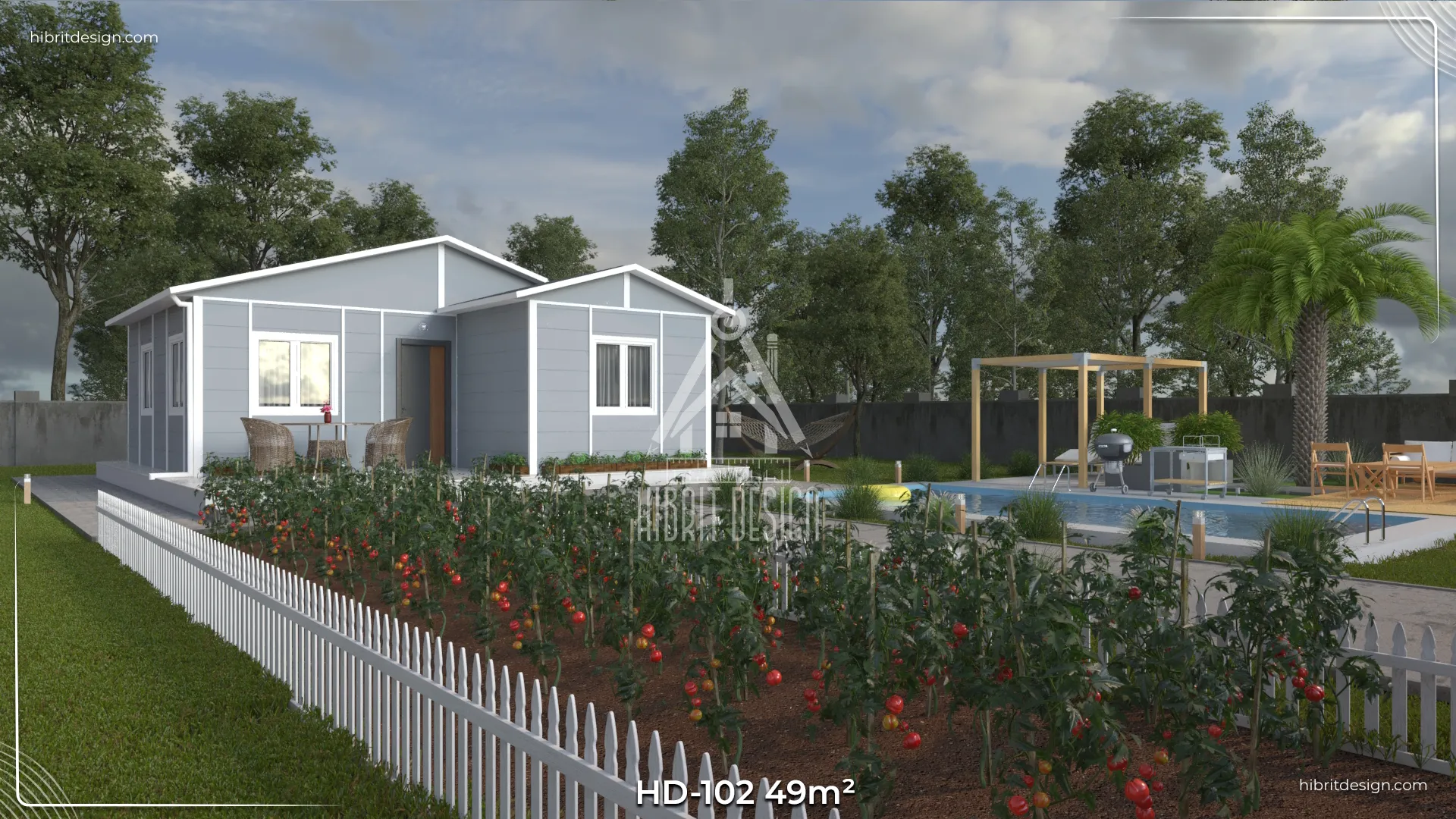 HD-102 49 m² tek katlı 2+1 prefabrik ev, yan bahçe ve çitli yürüyüş yolu