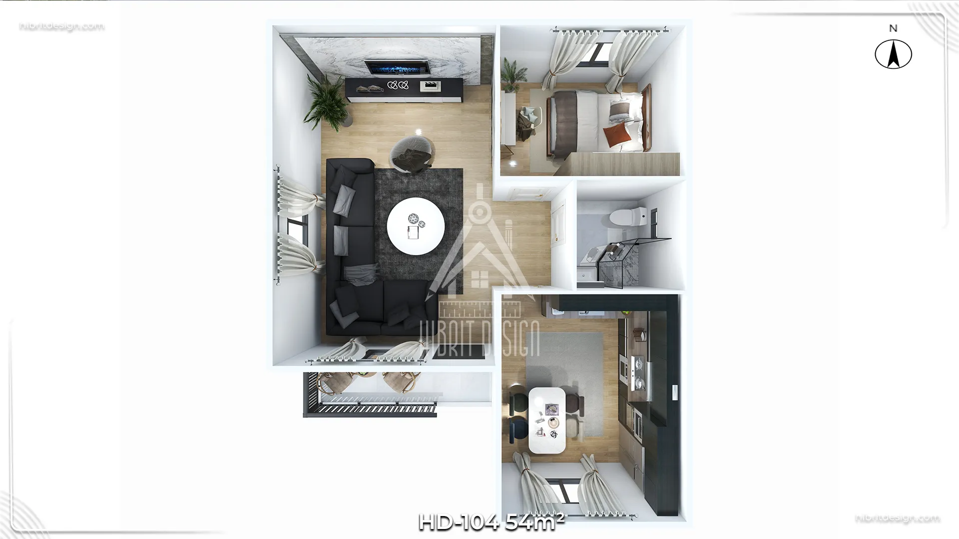 HD-104 54 m² 1+1 tek katlı prefabrik ev, 3D iç mekân görünümü ve oda yerleşimi