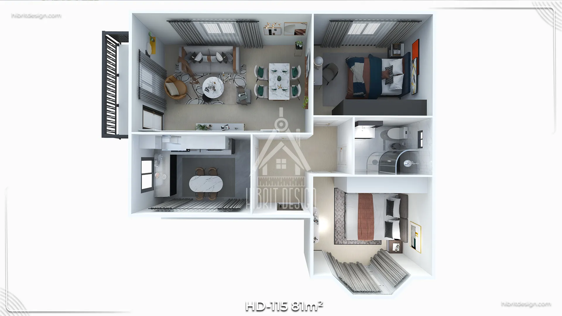 HD-115 81 m² 2+1 tek katlı prefabrik ev, cumbalı ve geniş pencereli modern 3D görünümü