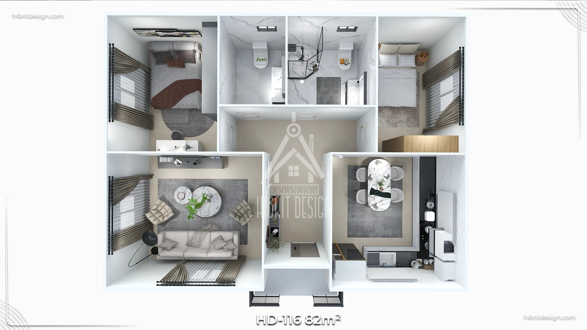 HD-116 82 m² prefabrik evin 3D kat planı; mobilyalı perspektifte oda dağılımı ve mekân akışı