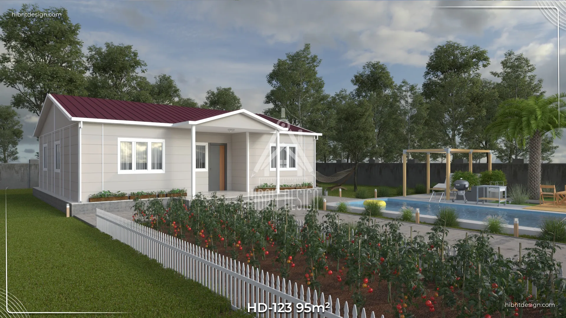 HD-123 95 m² 3+1 tek katlı prefabrik ev – koyu renk cephe, beşik çatı, geniş yan veranda ve bahçeli modern yan cephe görünümü