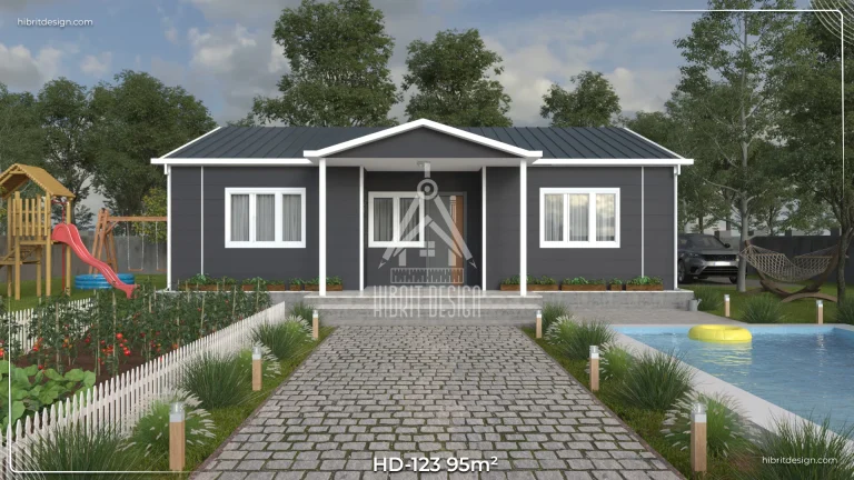 HD-123 95 m² 3+1 tek katlı prefabrik ev – koyu gri dış cephe, beşik çatı, önden verandalı ve geniş yürüyüş yolu ile modern giriş görünümü