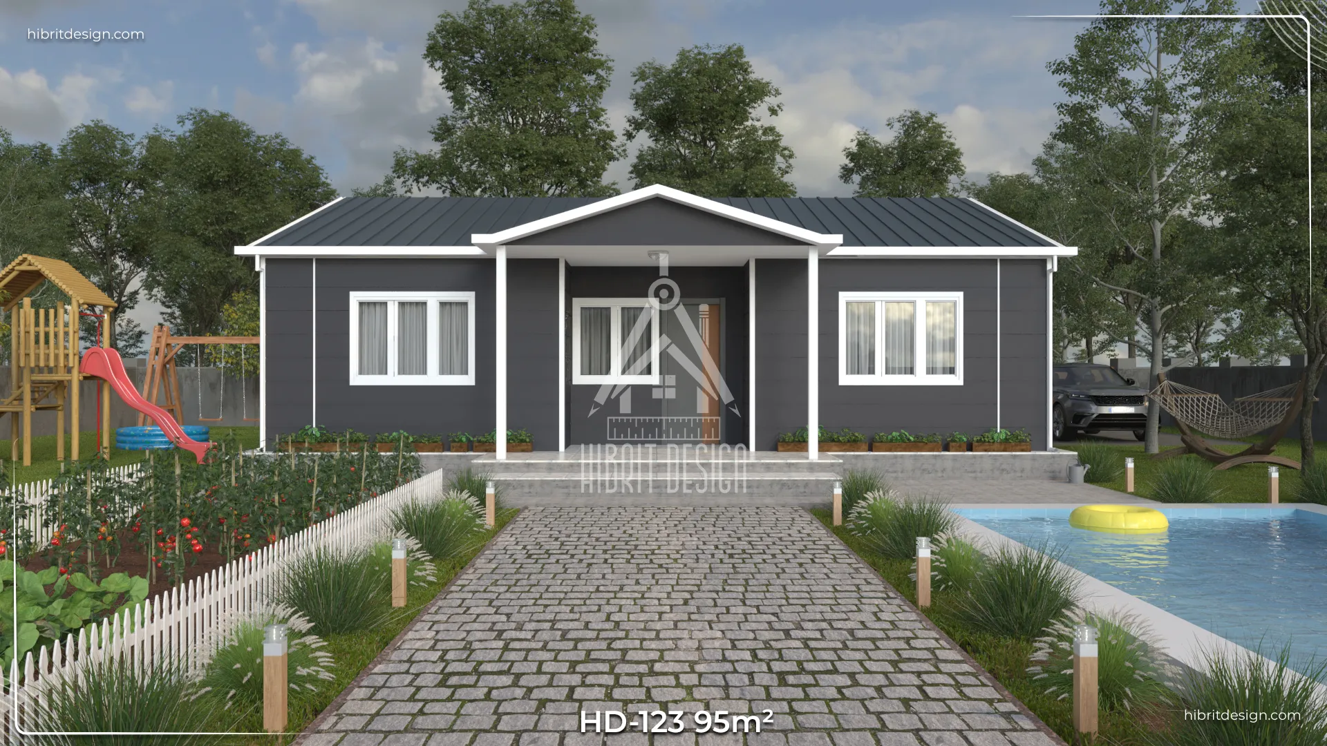 HD-123 95 m² 3+1 tek katlı prefabrik ev – koyu gri dış cephe, beşik çatı, önden verandalı ve geniş yürüyüş yolu ile modern giriş görünümü