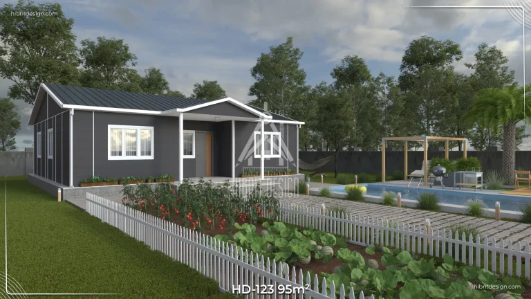 HD-123 95 m² 3+1 tek katlı prefabrik ev – koyu gri cephe, beşik çatı, önden verandalı ve sebze bahçesi ile çevrili yan cephe manzarası