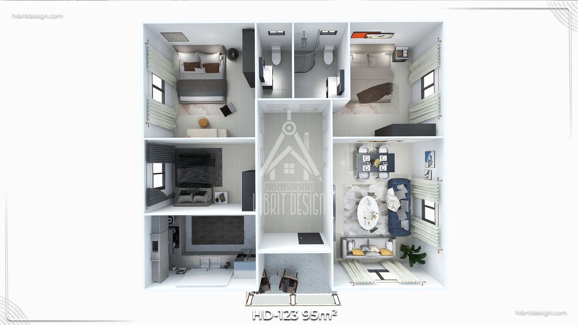 HD-123 95 m² 3+1 tek katlı prefabrik ev – üç yatak odası, geniş salon–mutfak, iki banyo ve veranda bağlantısı gösteren kat planı