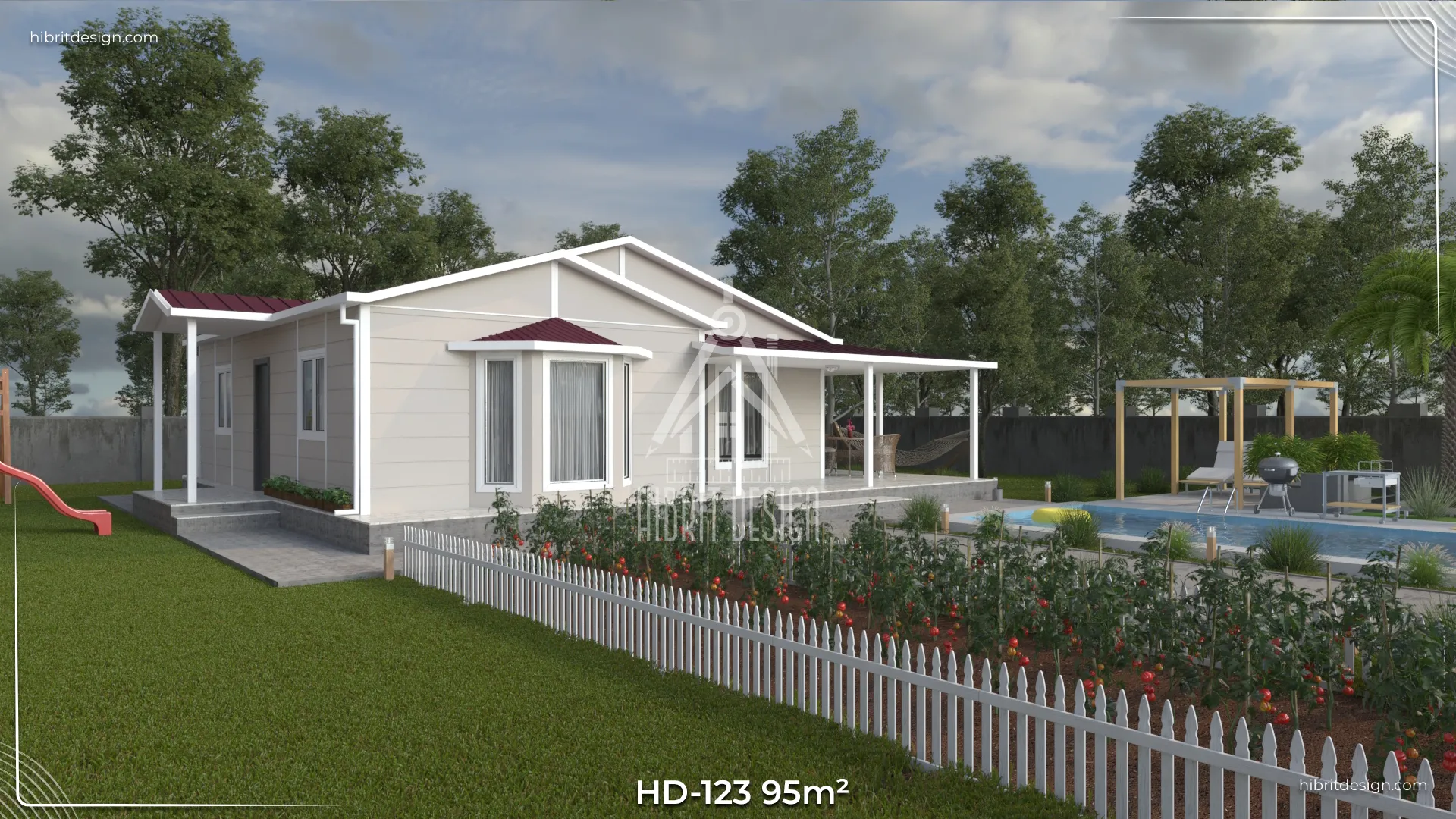 HD-124 95 m² 3+1 tek katlı prefabrik ev – sundurma çatılı yan cephe, geniş veranda ve peyzajlı bahçe