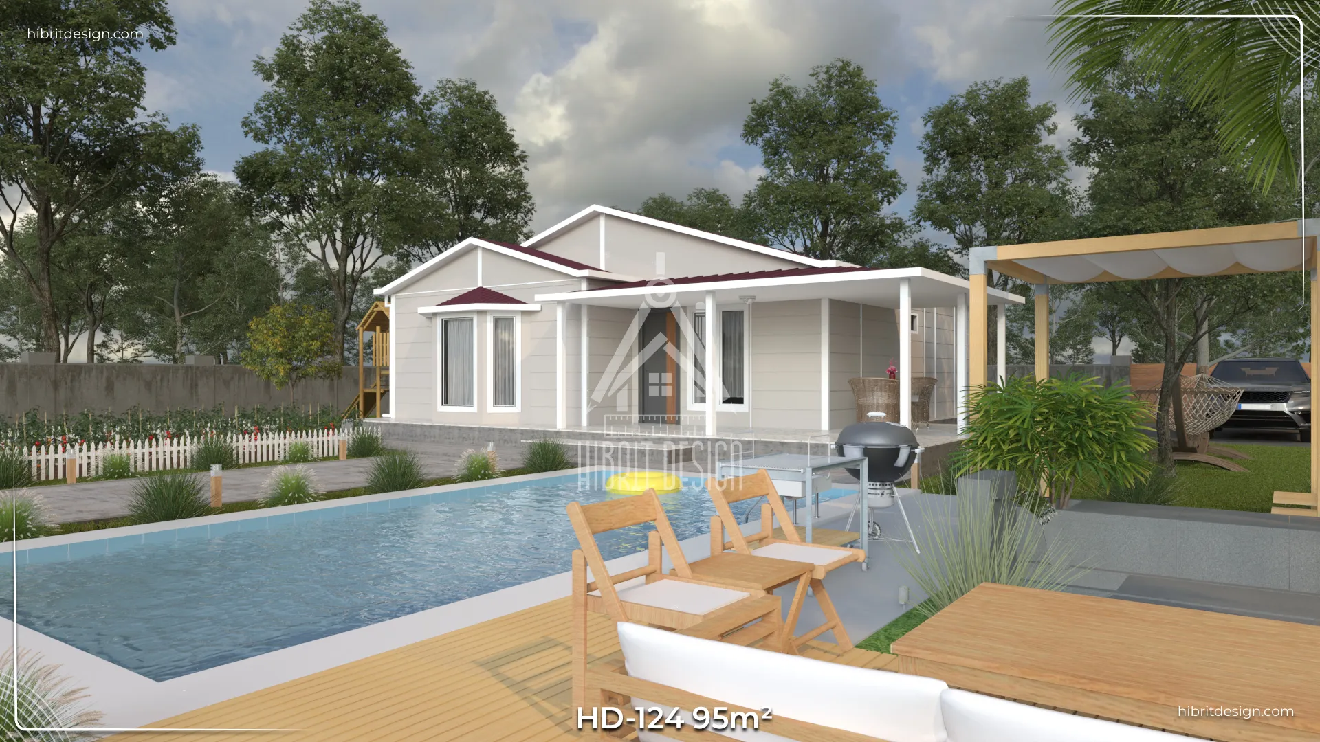 HD-124 95 m² 3+1 tek katlı prefabrik ev – geniş veranda ve sundurma çatılı modern ön cephe, havuzlu bahçe görünümü