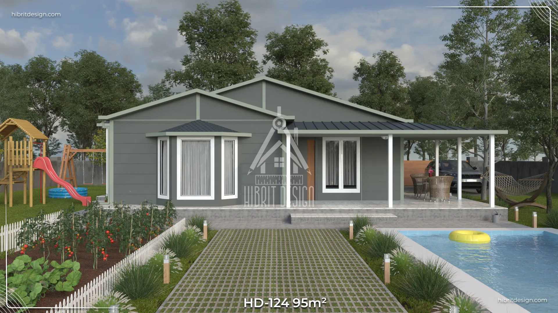 HD-124 95 m² 3+1 tek katlı prefabrik ev – koyu gri dış cephe, geniş veranda ve sundurma çatılı modern giriş
