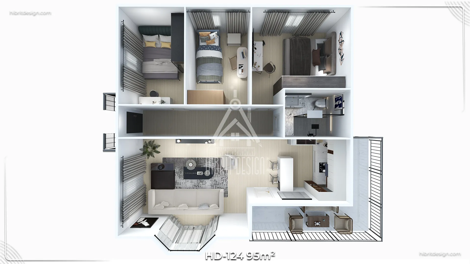 HD-124 95 m² 3+1 tek katlı prefabrik ev – üç yatak odası, geniş salon–mutfak ve banyo düzeni gösteren iç plan