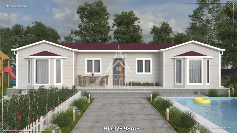 HD-125 98 m² 3+1 tek katlı prefabrik ev – açık renk cumbalı ön cephe, tam boy camlı veranda ve havuz kenarı