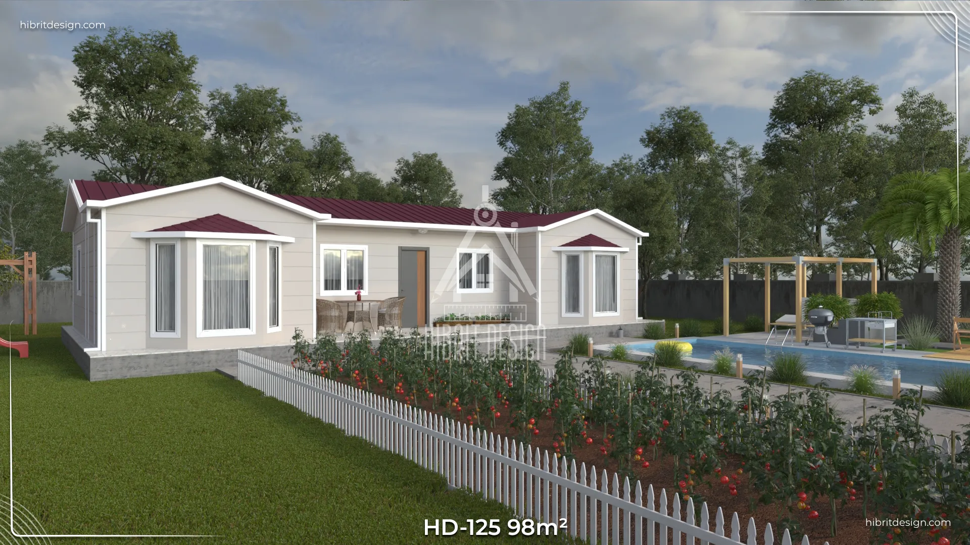HD-125 98 m² 3+1 tek katlı prefabrik ev – açık renk cephe, cumbalı ve tam boy camlı modern tasarım