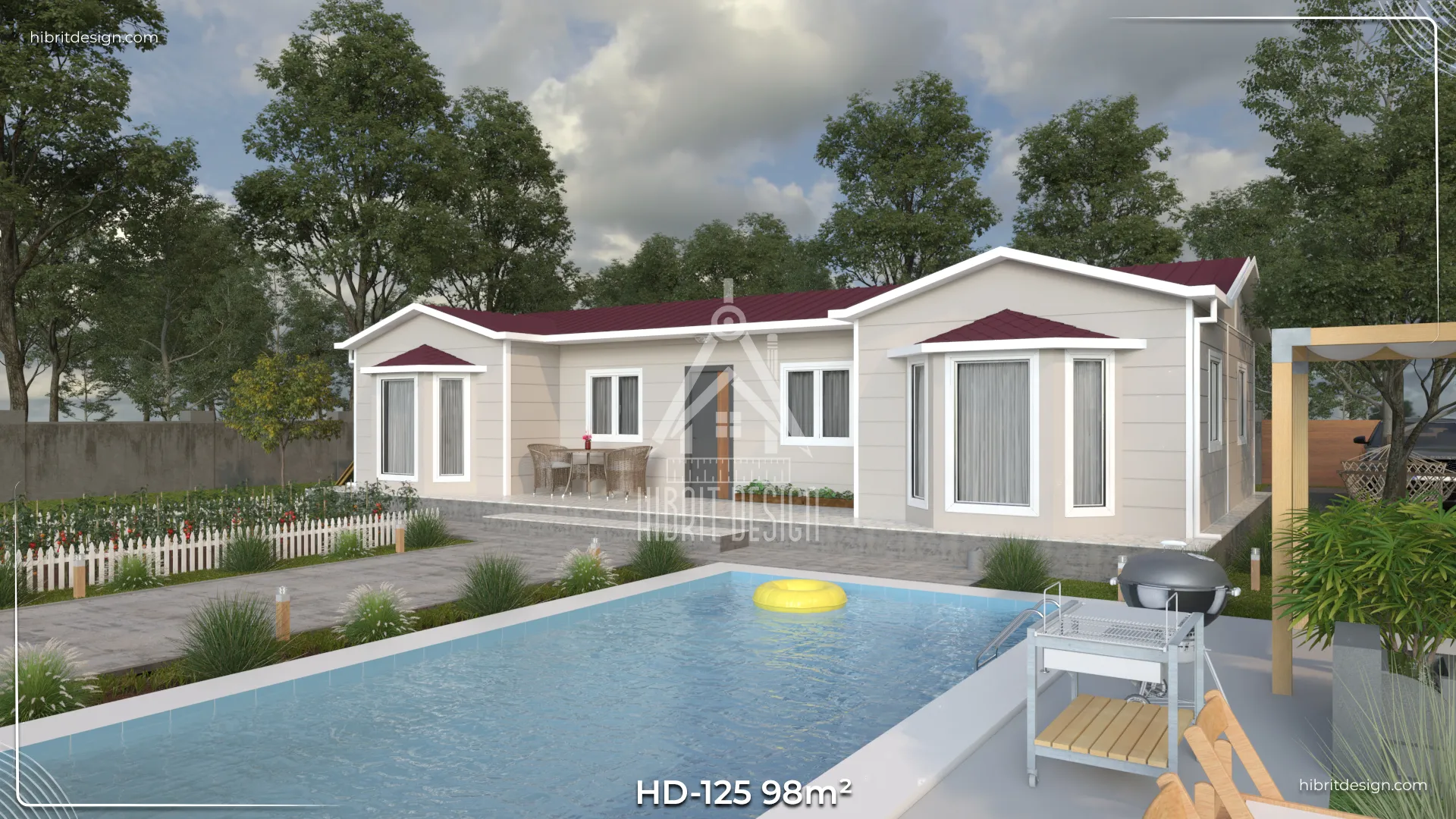 HD-125 98 m² 3+1 tek katlı prefabrik ev – cumbalı yan cephe, tam boy camlı ferah pencere düzeni ve peyzajlı bahçe