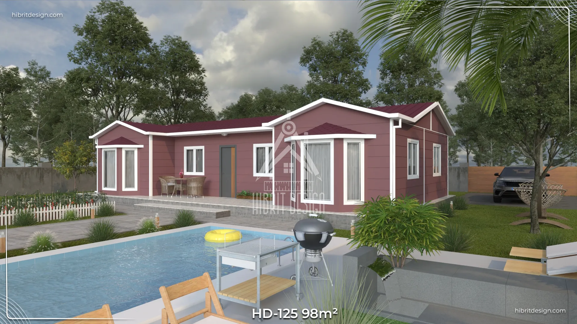 HD-125 98 m² 3+1 tek katlı prefabrik ev – cumbalı, tam boy camlı modern ön cephe, kırmızı çatı ve havuzlu bahçe görünümü