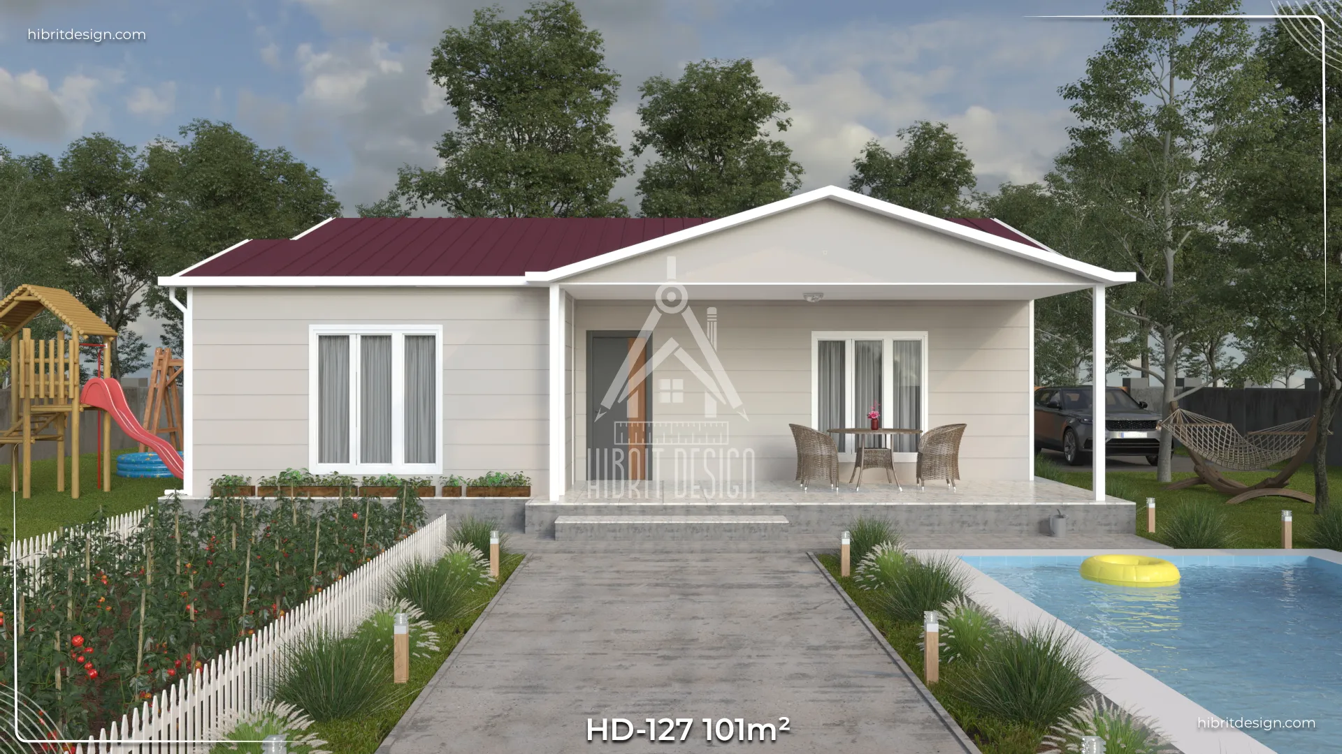 HD-127 101 m² 3+1 tek katlı prefabrik ev – açık renk cephe, beşik çatı ve önden verandalı modern giriş görünümü