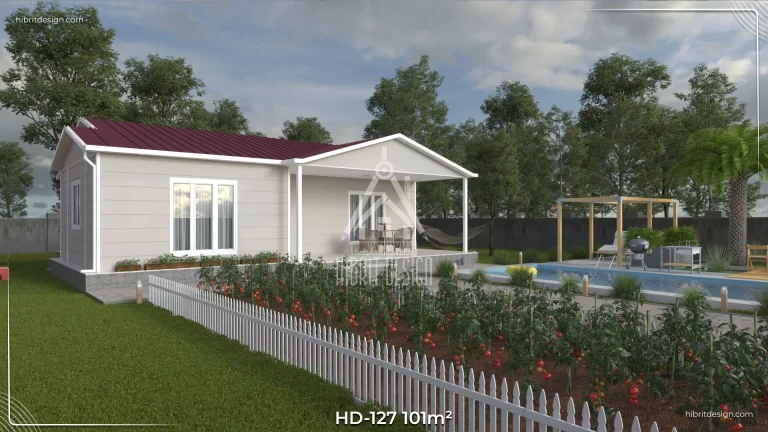 : HD-127 101 m² 3+1 tek katlı prefabrik ev – açık renk cephe, beşik çatı, geniş veranda ve peyzajlı bahçe