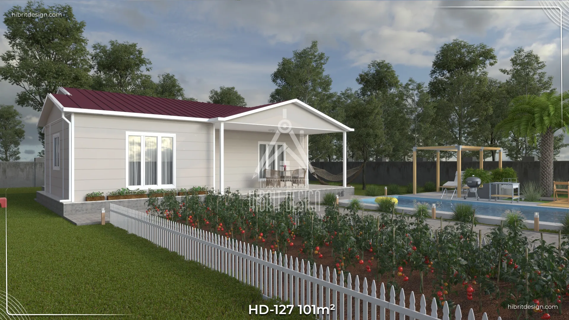 : HD-127 101 m² 3+1 tek katlı prefabrik ev – açık renk cephe, beşik çatı, geniş veranda ve peyzajlı bahçe