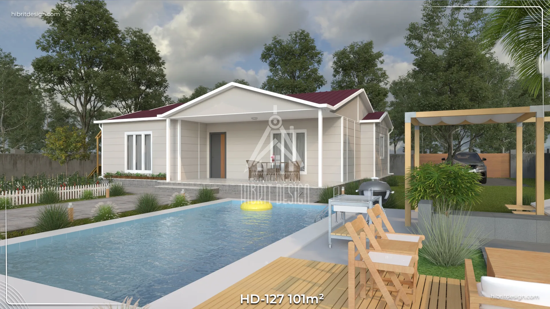 HD-127 101 m² 3+1 tek katlı prefabrik ev – açık renk cephe, beşik çatı ve geniş verandalı havuz kenarı görünümü