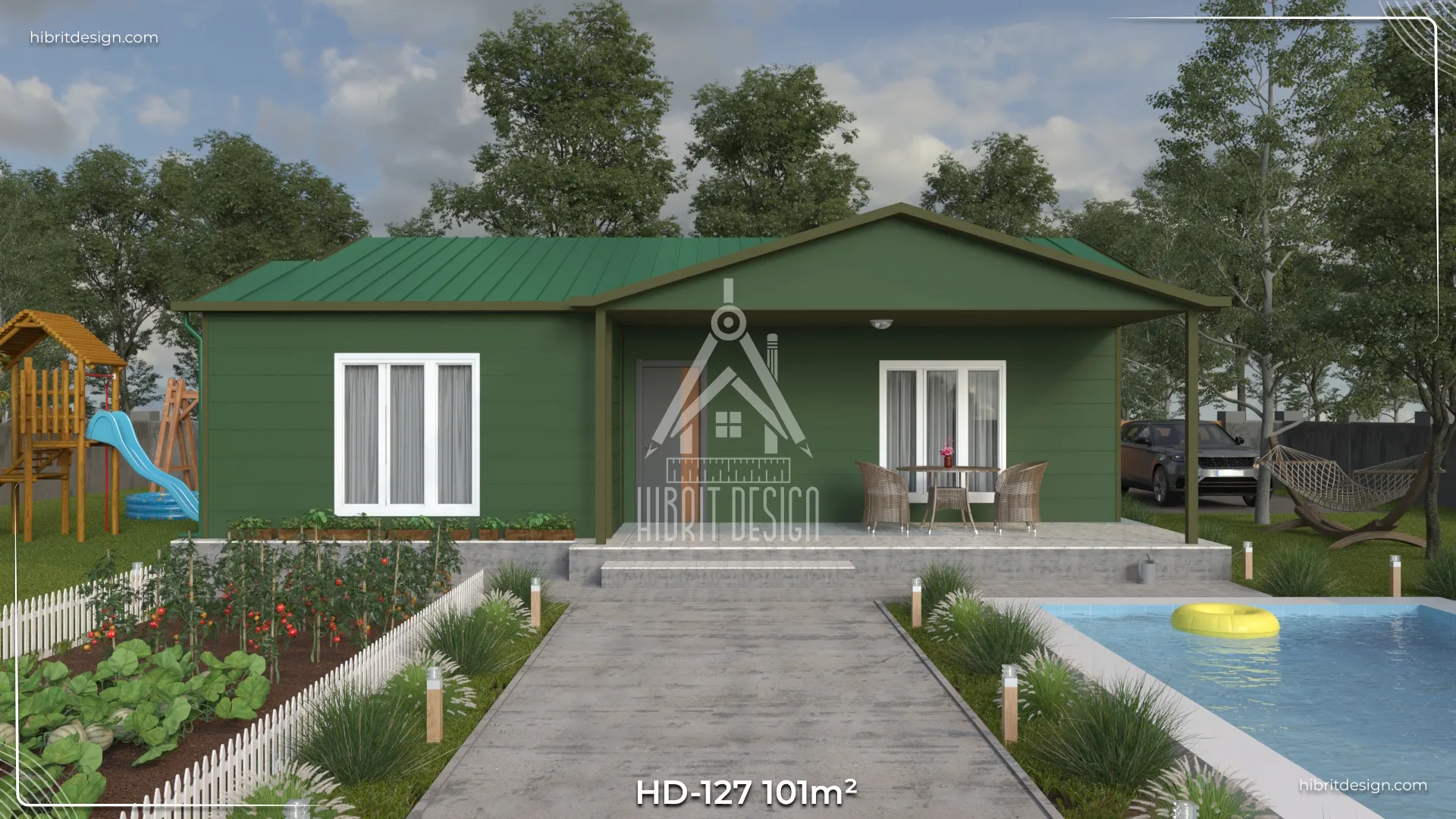 HD-127 101 m² 3+1 tek katlı prefabrik ev – yeşil cephe, beşik çatı, geniş yürüyüş yolu ve önden verandalı modern giriş