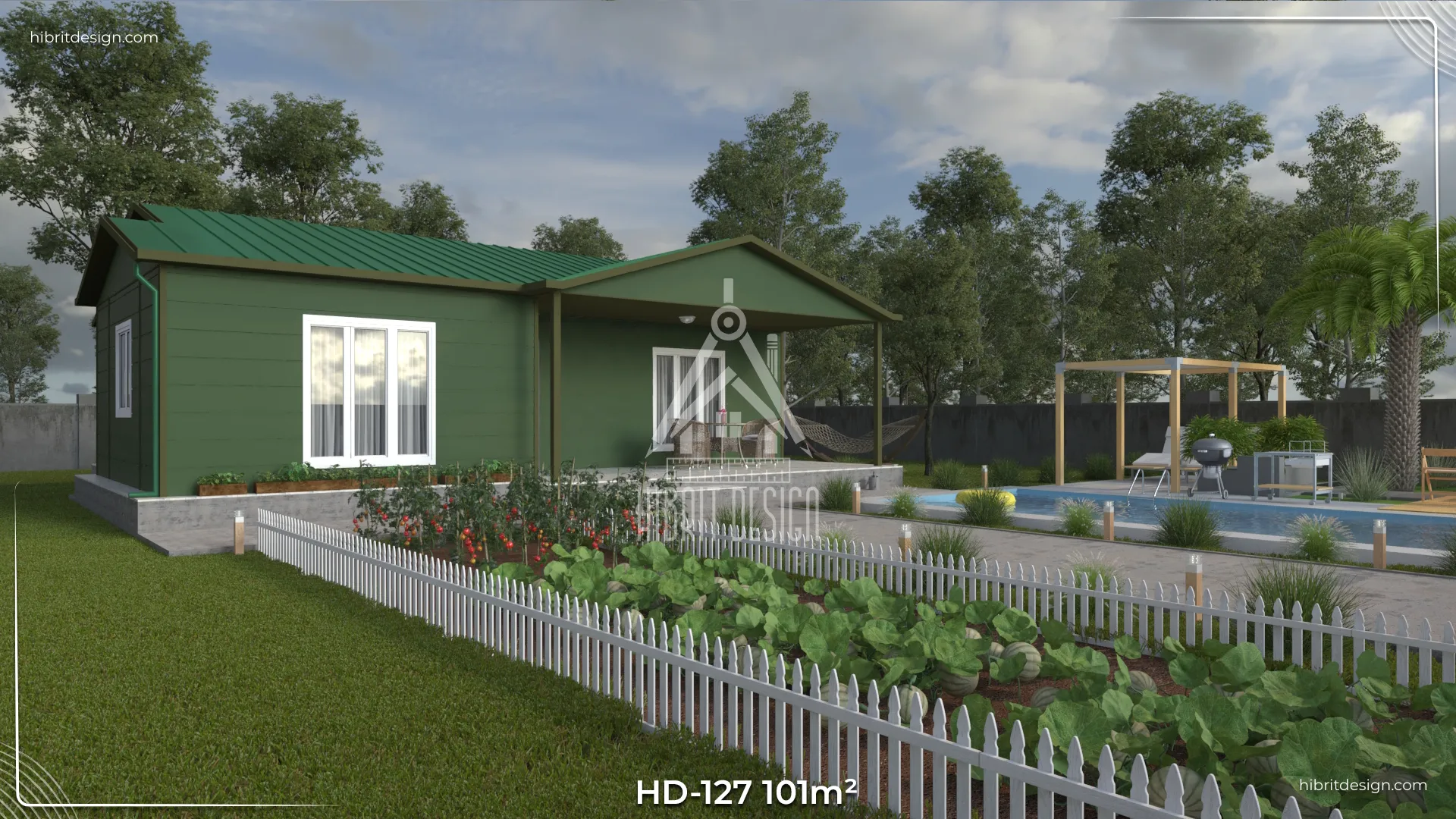 HD-127 101 m² 3+1 tek katlı prefabrik ev – yeşil cephe, beşik çatı ve geniş verandalı bahçeli yan cephe görünümü