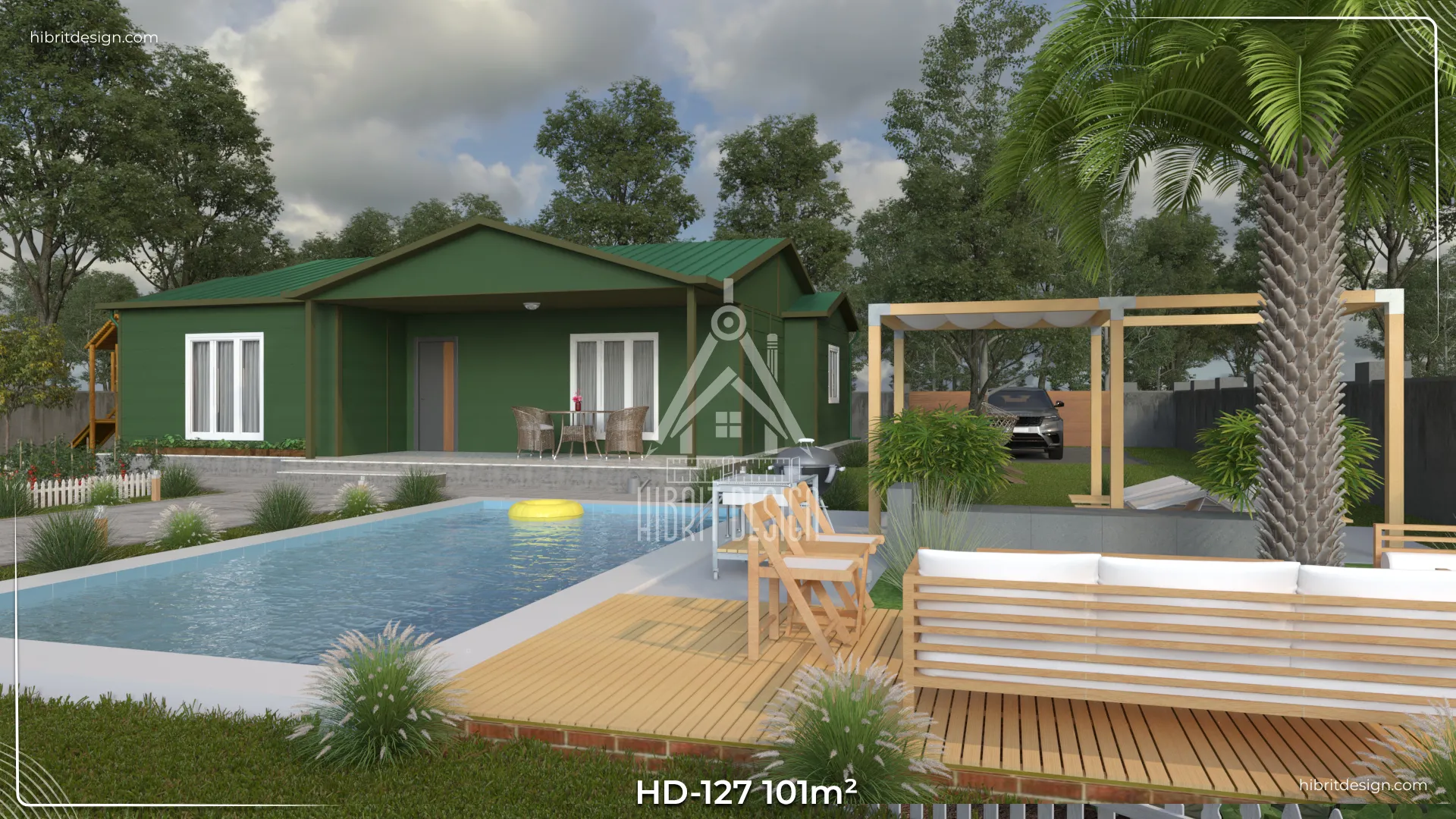 HD-127 101 m² 3+1 tek katlı prefabrik ev – yeşil cephe, beşik çatı, geniş veranda ve havuzlu bahçe görünümü