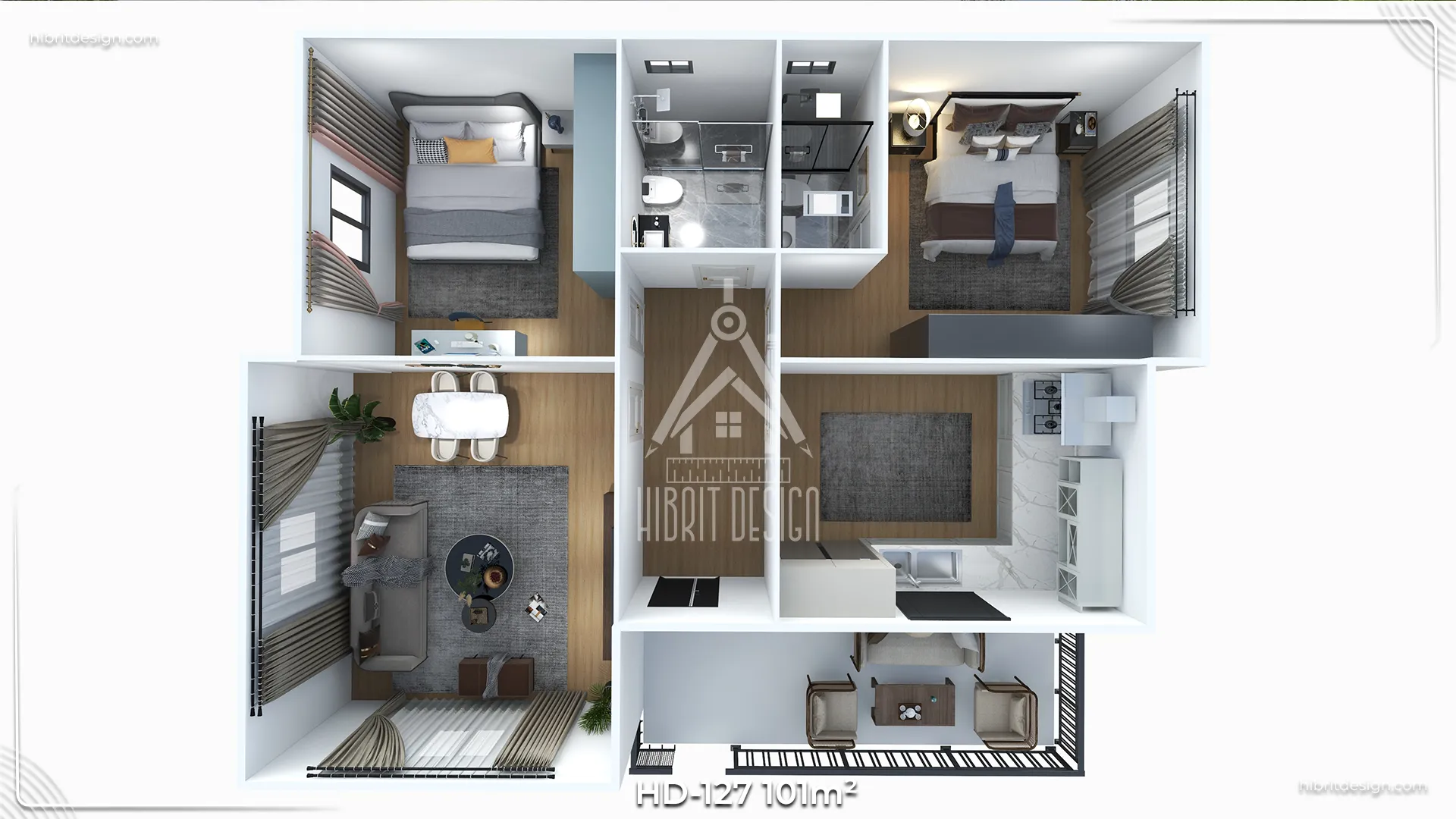 HD-127 101 m² 3+1 tek katlı prefabrik ev – üç yatak odası, geniş salon–mutfak ve banyo düzenini gösteren iç plan