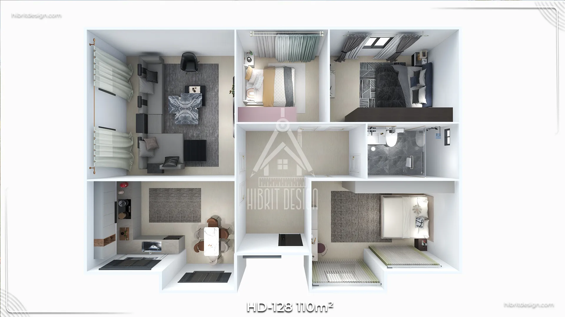 HD-128 110 m² 3+1 tek katlı prefabrik ev – üç geniş çift kişilik yatak odası, salon–mutfak ve banyo düzenini gösteren iç plan
