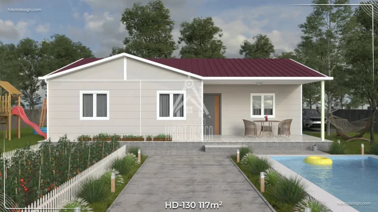 HD-130 117 m² 3+1 tek katlı prefabrik ev – açık renk cephe, iki yetişkin için geniş odalı, bir çocuk küçük odalı ve önden verandalı modern giriş
