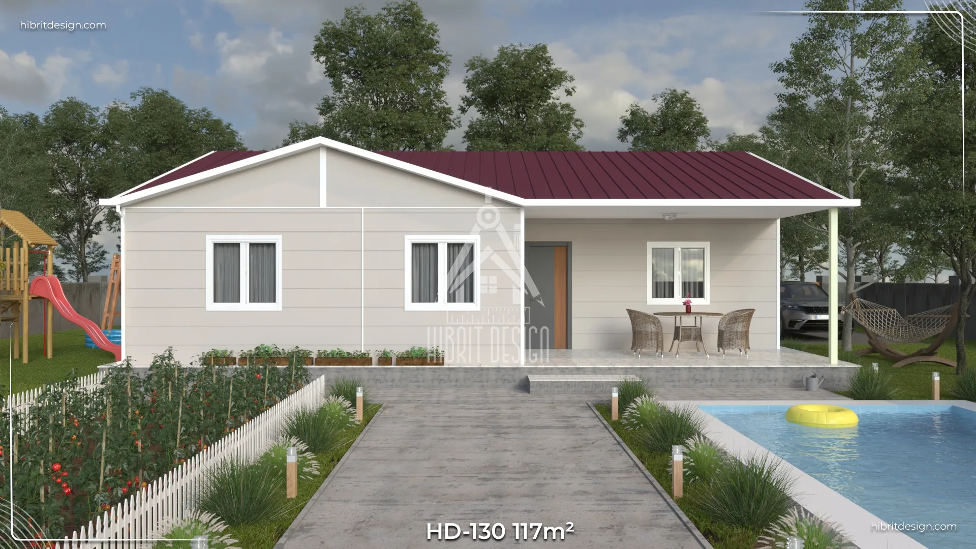 HD-130 117 m² 3+1 tek katlı prefabrik ev – açık renk cephe, iki yetişkin için geniş odalı, bir çocuk küçük odalı ve önden verandalı modern giriş