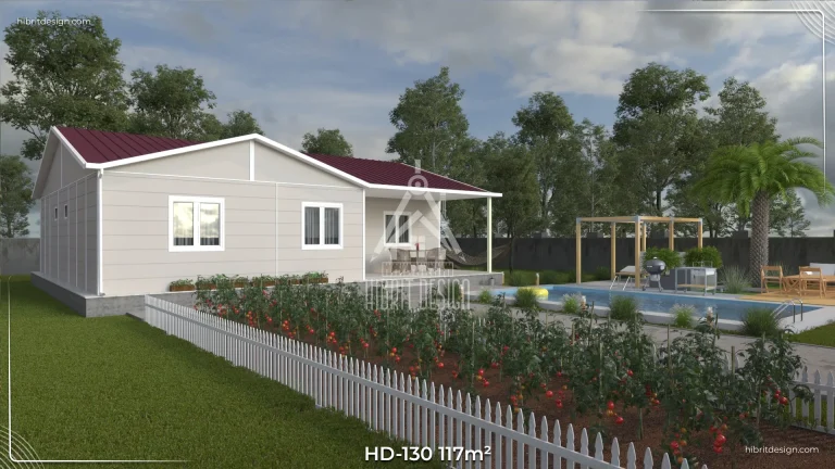 HD-130 117 m² 3+1 tek katlı prefabrik ev – açık renk cephe, iki yetişkin için geniş odalı, bir çocuk küçük odalı bahçeli yan cephe