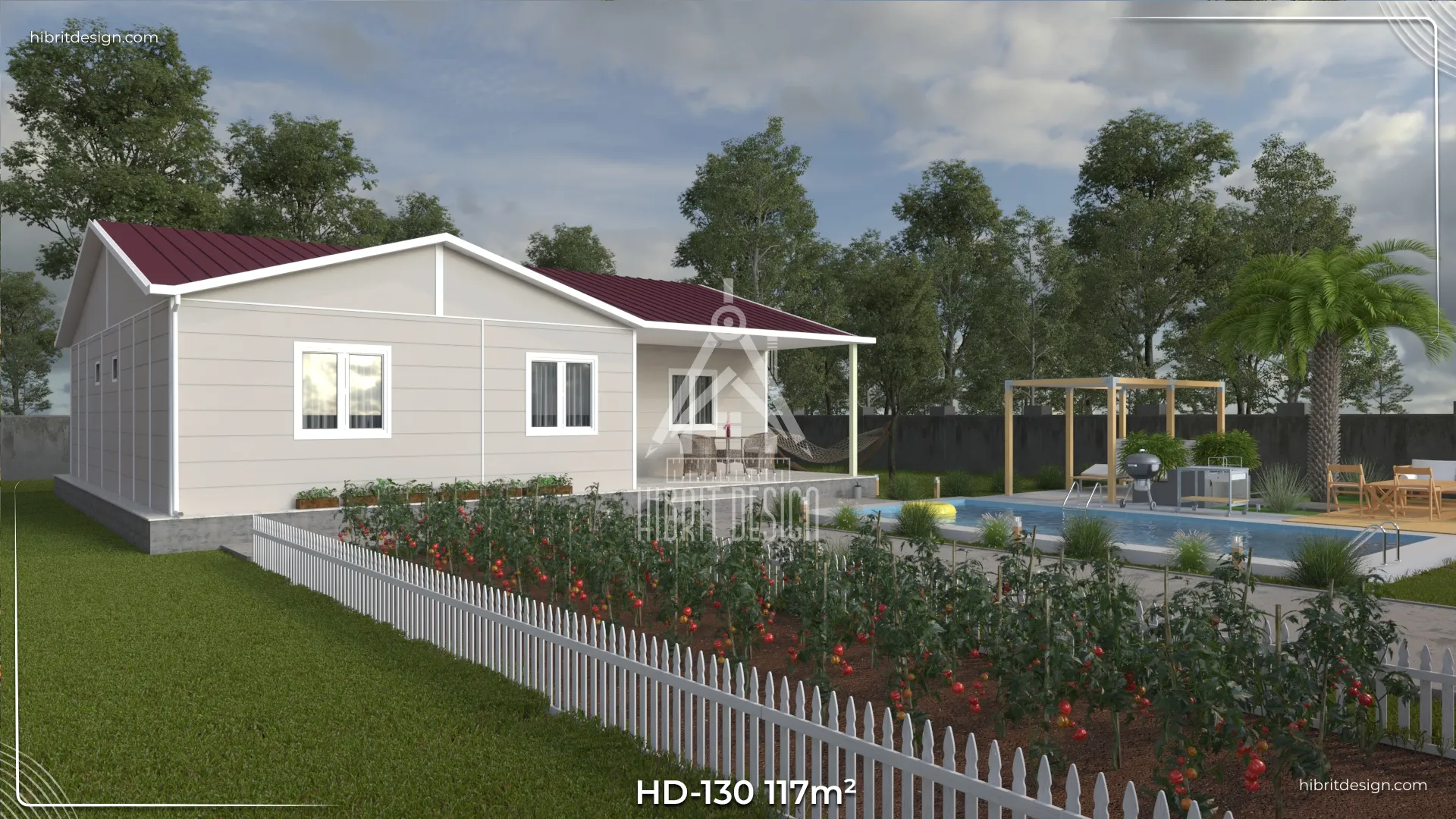 HD-130 117 m² 3+1 tek katlı prefabrik ev – açık renk cephe, iki yetişkin için geniş odalı, bir çocuk küçük odalı bahçeli yan cephe