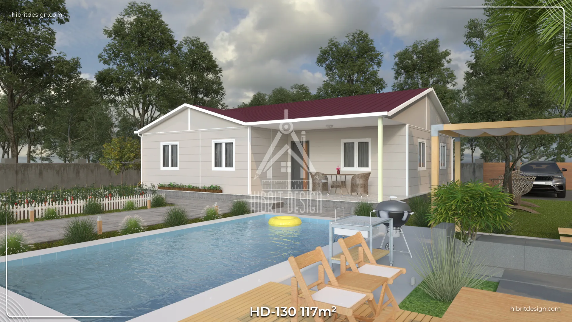 HD-130 117 m² 3+1 tek katlı prefabrik ev – açık renk cephe, geniş veranda ve havuz kenarı görünümü, iki yetişkin için geniş oda ve küçük çocuk odası