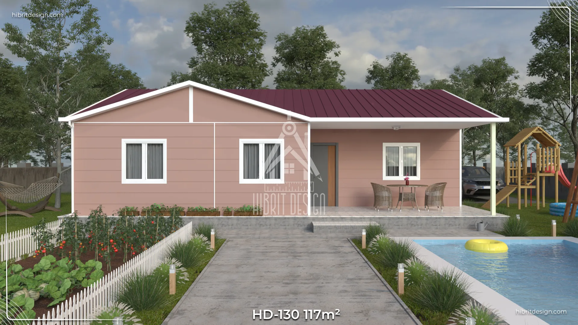 HD-130 117 m² 3+1 tek katlı prefabrik ev – pembe dış cephe, iki yetişkin için geniş odalı, bir çocuk küçük odalı ve önden verandalı modern giriş
