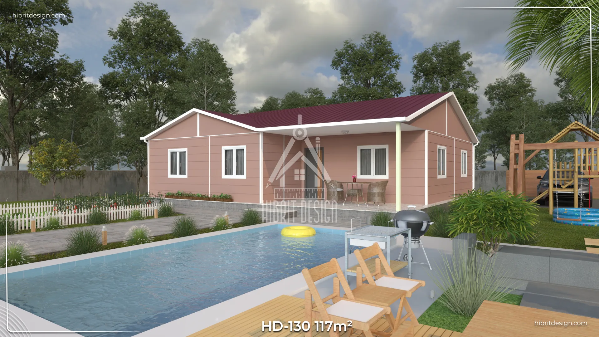 HD-130 117 m² 3+1 tek katlı prefabrik ev – pembe cephe, geniş veranda ve havuz kenarı görünümü, iki yetişkin için geniş oda ve küçük çocuk odası