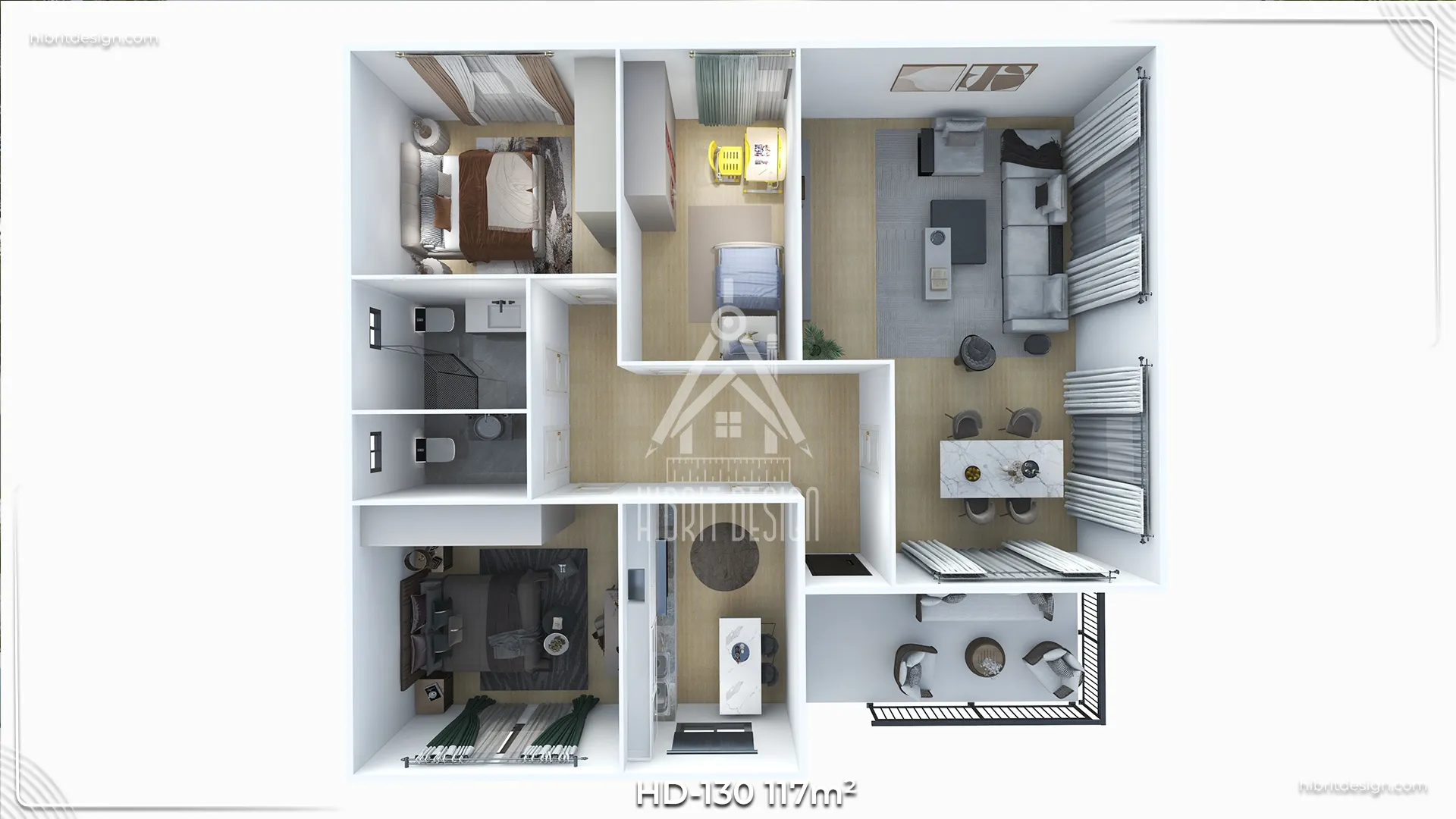 HD-130 117 m² 3+1 tek katlı prefabrik ev – iki yetişkin için geniş odalar, bir çocuk için küçük oda, salon–mutfak ve banyo düzenini gösteren iç plan
