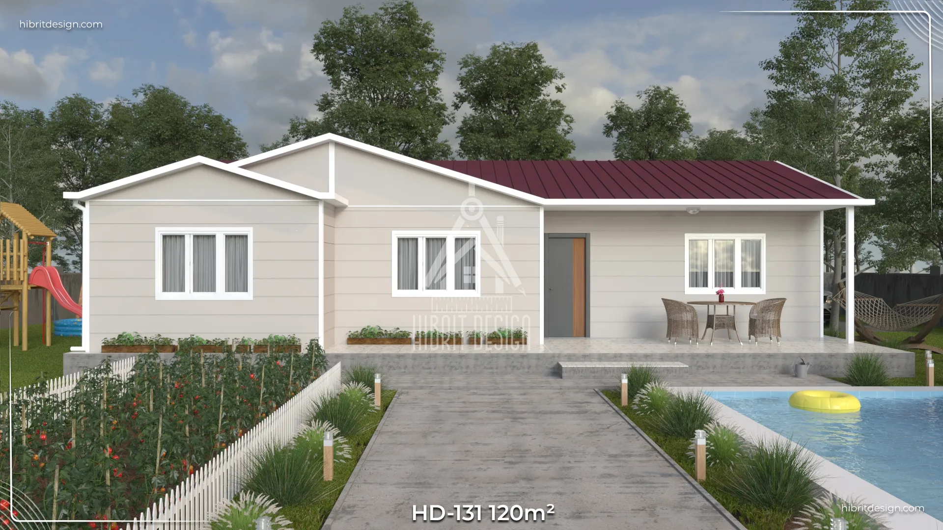 HD-131 120 m² 3+1 tek katlı prefabrik ev – açık renk cephe, L mutfak ve geniş salonlu, 2 tuvaletli önden verandalı giriş