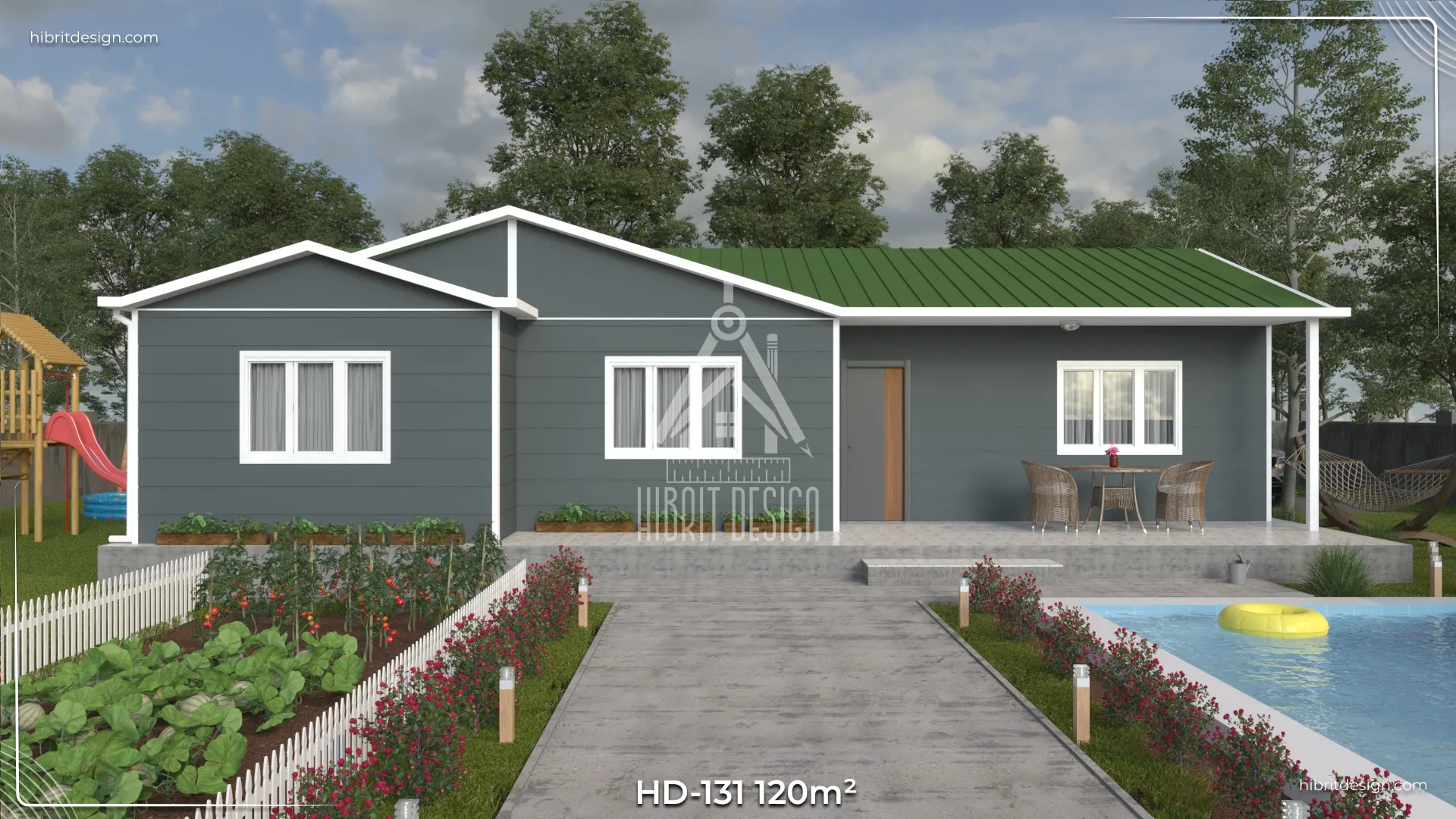 HD-131 120 m² 3+1 tek katlı prefabrik ev – koyu gri cephe, geniş salon, L mutfak ve 2 tuvaletli önden verandalı giriş