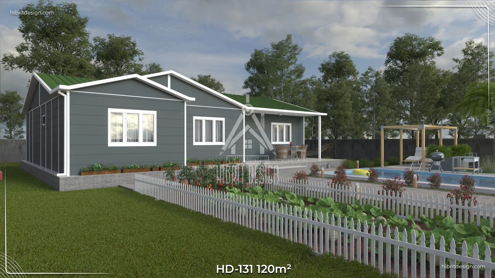 HD-131 120 m² 3+1 tek katlı prefabrik ev – koyu gri cephe, 2 tuvalet 1 banyo, geniş salon ve L mutfaklı bahçeli yan cephe