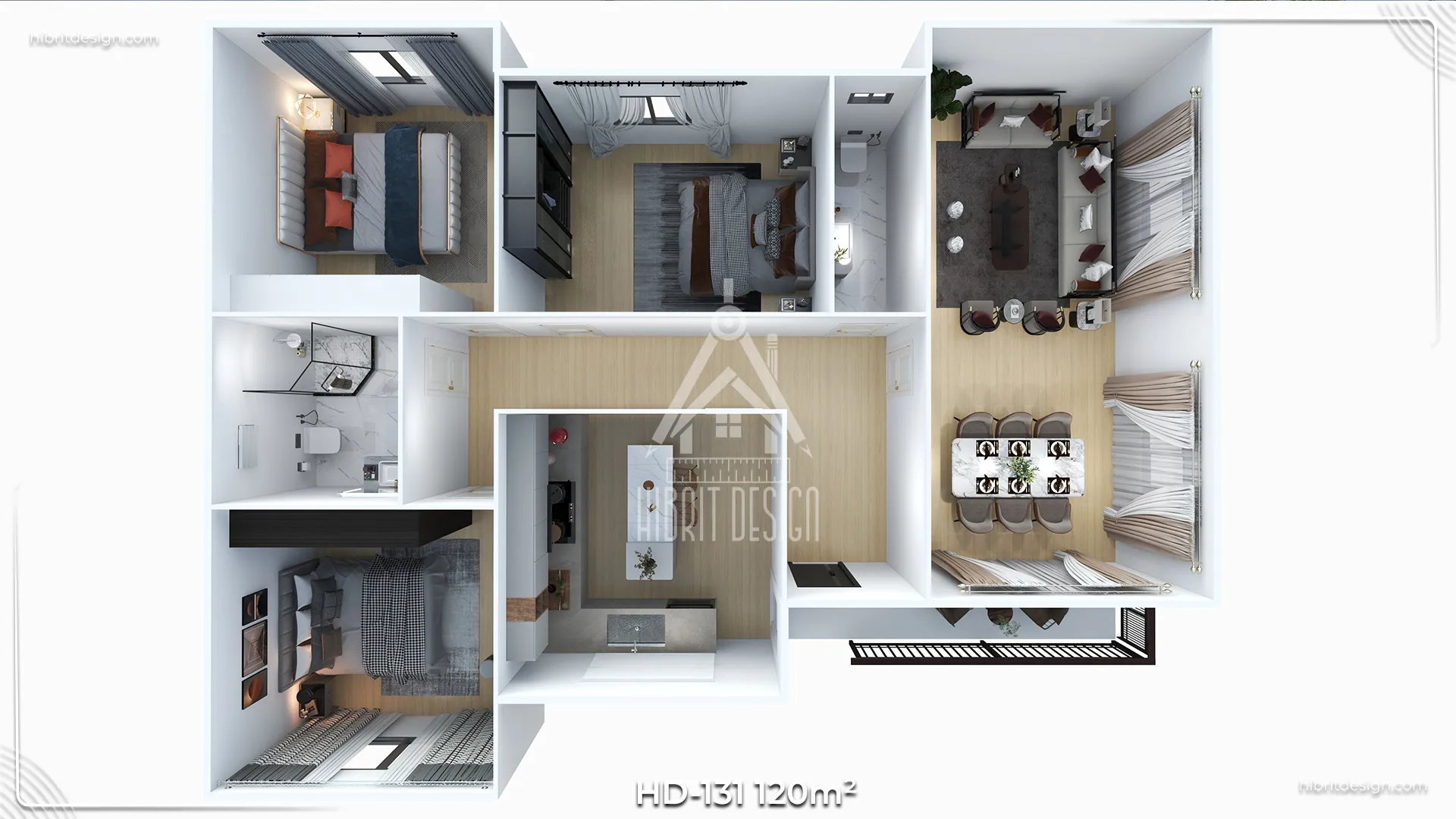 : HD-131 120 m² 3+1 tek katlı prefabrik ev – 2 tuvalet, 1 banyo, geniş salon ve L mutfak düzenini gösteren iç plan