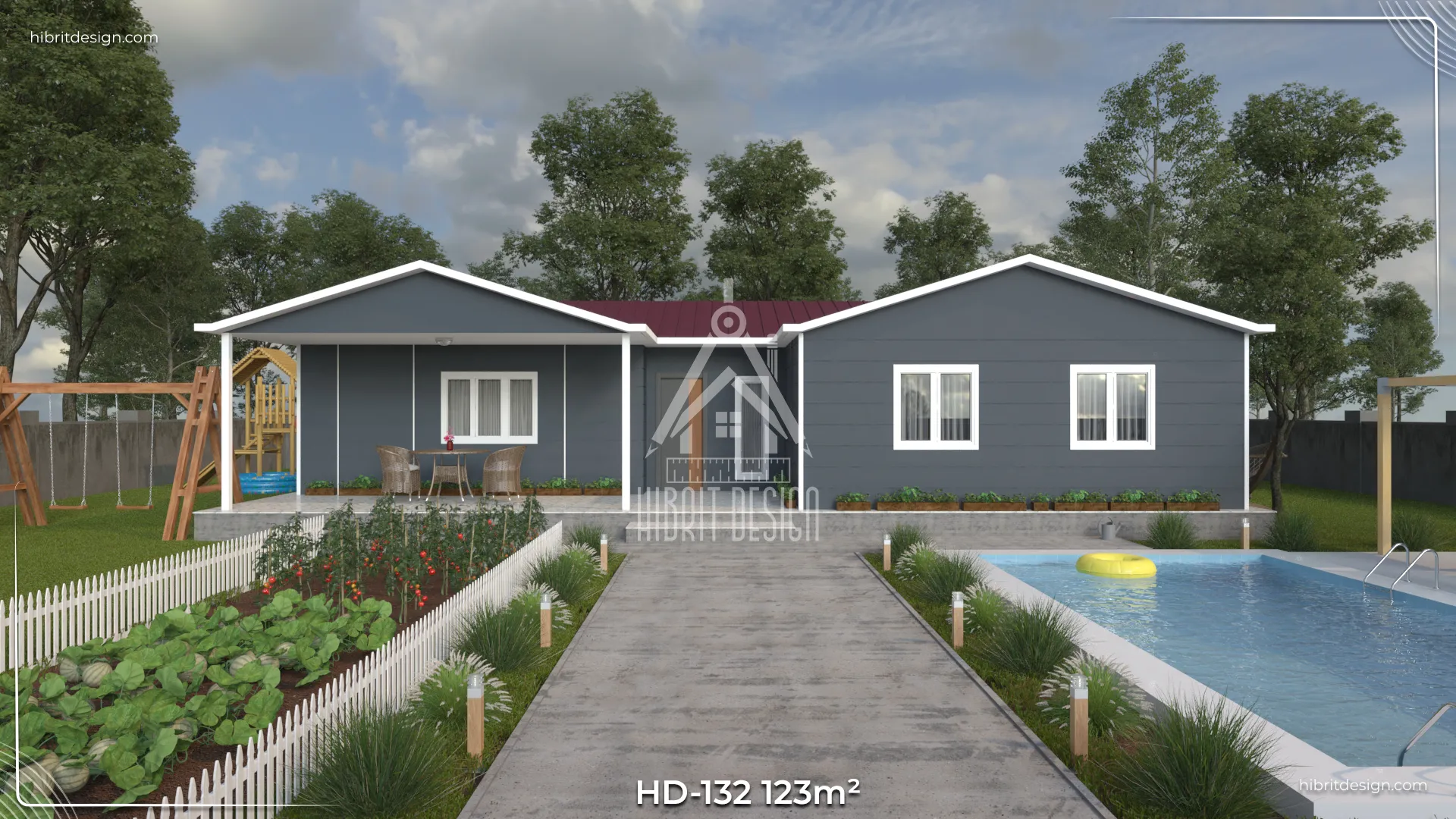 HD-132 123 m² 3+1 tek katlı prefabrik ev – koyu gri cephe, U planlı yerleşim, 3 tuvalet 1 banyo, beşik çatılı önden verandalı giriş