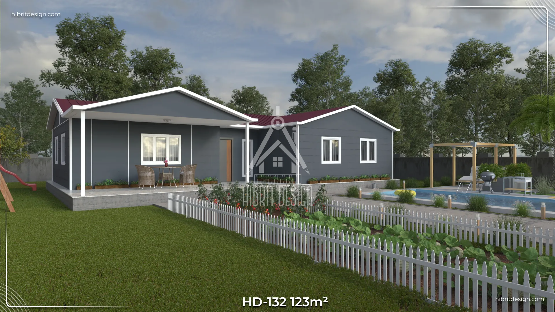 HD-132 123 m² 3+1 tek katlı prefabrik ev – koyu gri cephe, U plan, 3 tuvalet 1 banyo ve beşik çatılı bahçeli yan cephe