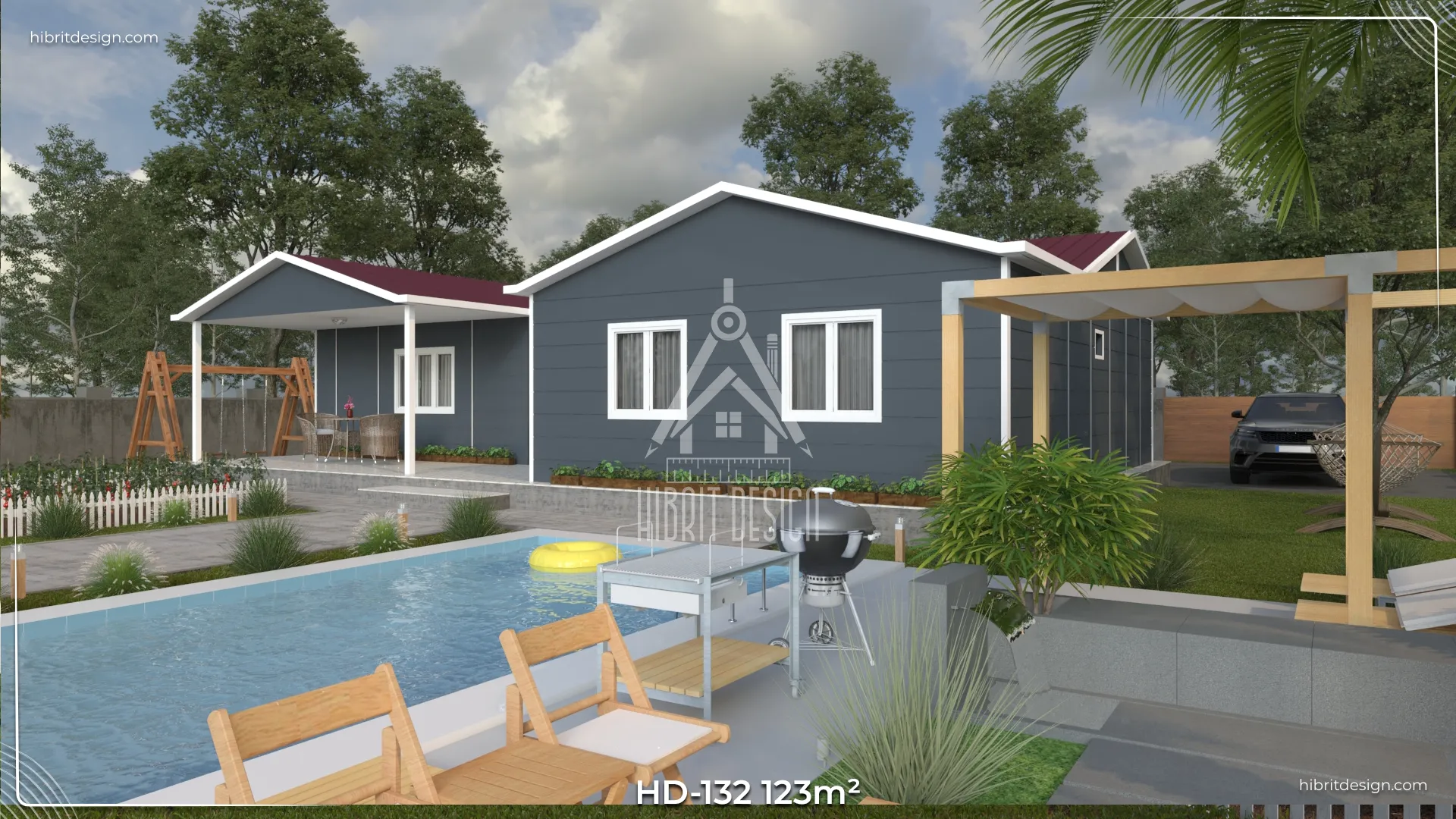 HD-132 123 m² 3+1 tek katlı prefabrik ev – koyu gri cephe, U plan, 3 tuvalet 1 banyo, beşik çatılı veranda ve havuz kenarı görünümü