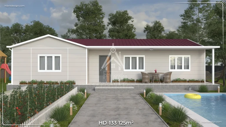 HD-133 125 m² 4+1 tek katlı prefabrik ev – kiremit rengi çatılı, uzun verandalı modern ön giriş