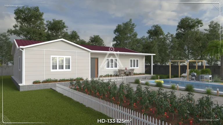 HD-133 125 m² 4+1 tek katlı prefabrik ev – açık renk cephe, geniş aileler için uzun verandaya sahip ön giriş