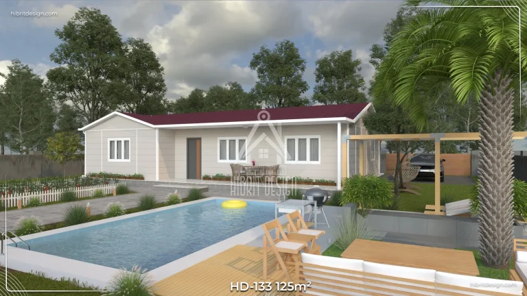 HD-133 125 m² 4+1 tek katlı prefabrik ev – kiremit rengi çatı, uzun veranda ve geniş ailelere uygun modern havuz kenarı görünümü