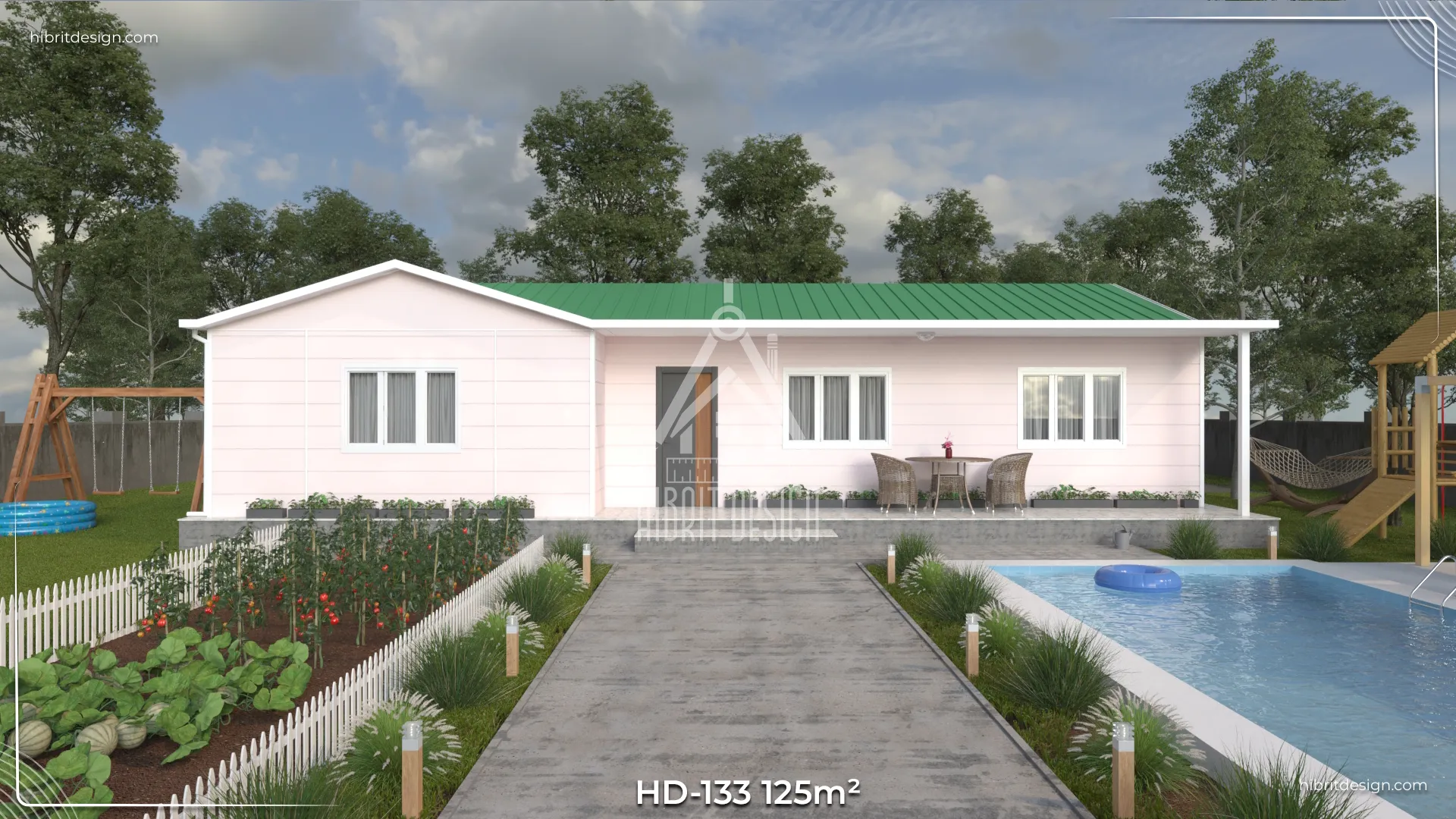 HD-133 125 m² 4+1 tek katlı prefabrik ev – yeşil çatılı, uzun verandalı modern ön giriş